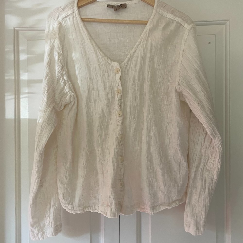 FLAX White Textured Long Sleeve Button Down Top Women’s S